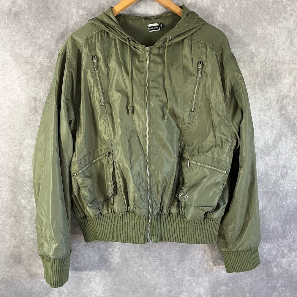 Celine Bomber Jacket Womens 1X Green Zip Up Front / Back Pockets w/ Hood Lined
